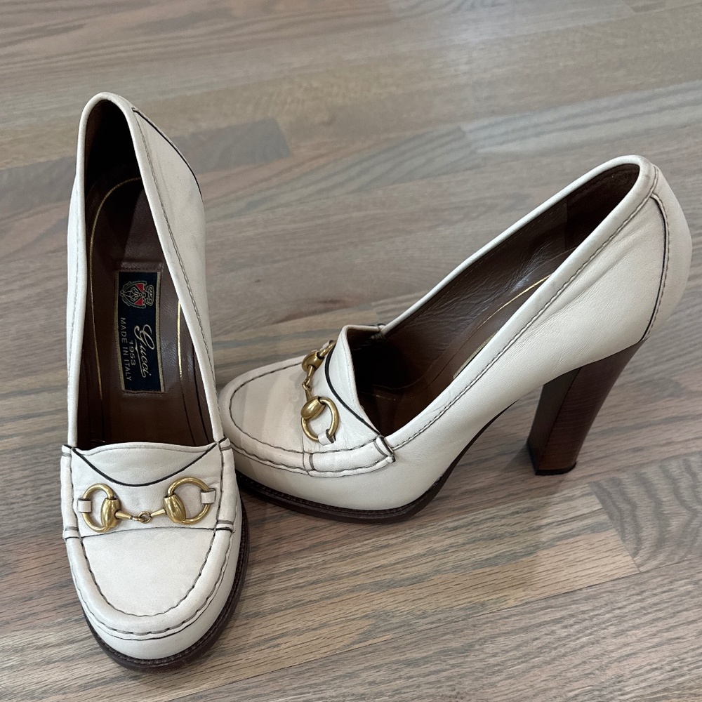 Gucci off white leather Gucci Horsebit platform loafer pumps